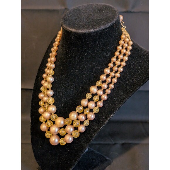 Vtg Gorgeous Champagne 3 Strand Bead Beaded Necklace 17.25"long Estate Chunky - Picture 2 of 6
